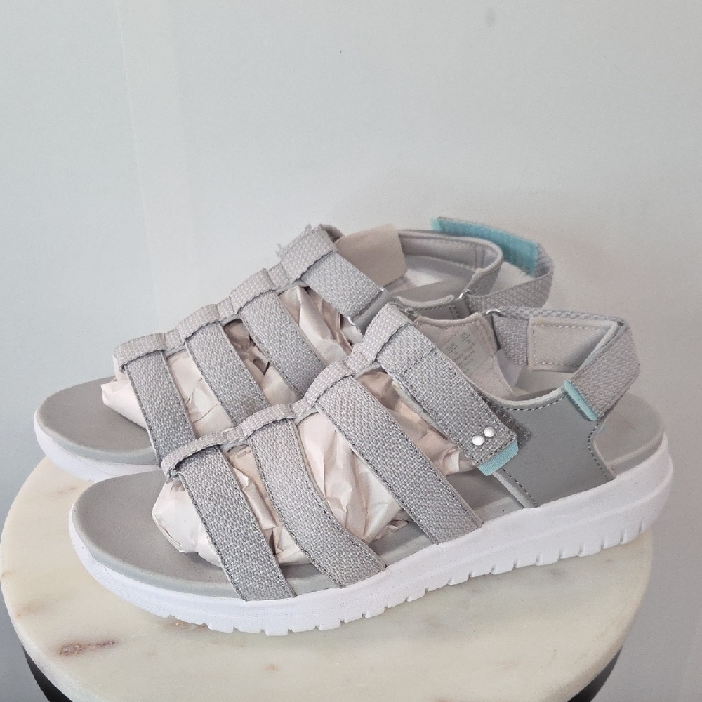 Ryka Light Gray Strappy Sport Sandals with Aqua Accents Size 9